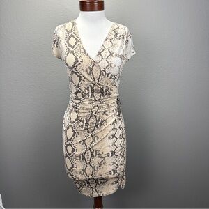 Jennifer Lopez J-Lo Snake Print Faux Wrap Dress Cream Gray Bodycon Sz S Ruched